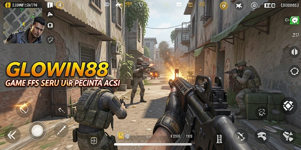 Tampilan gameplay intens GLOWIN88 dalam aksi pertempuran FPS.