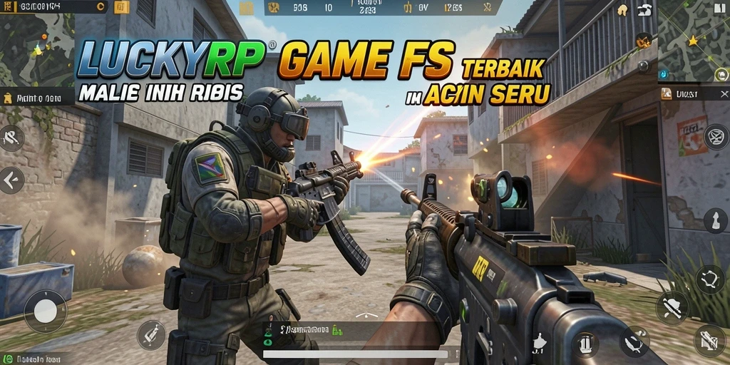 Screenshot utama gameplay LUCKYRP memperlihatkan aksi tembak-menembak yang seru.