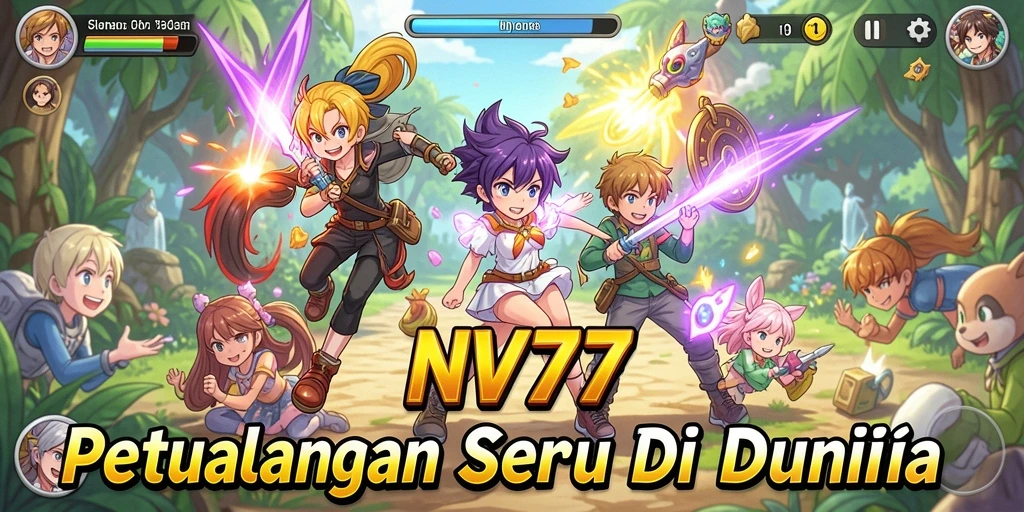 Tangkapan layar gameplay NV77 dengan karakter anime yang menarik.