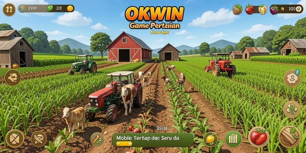 Tangkapan layar gameplay OKWIN menampilkan ladang yang subur dan warna-warni.