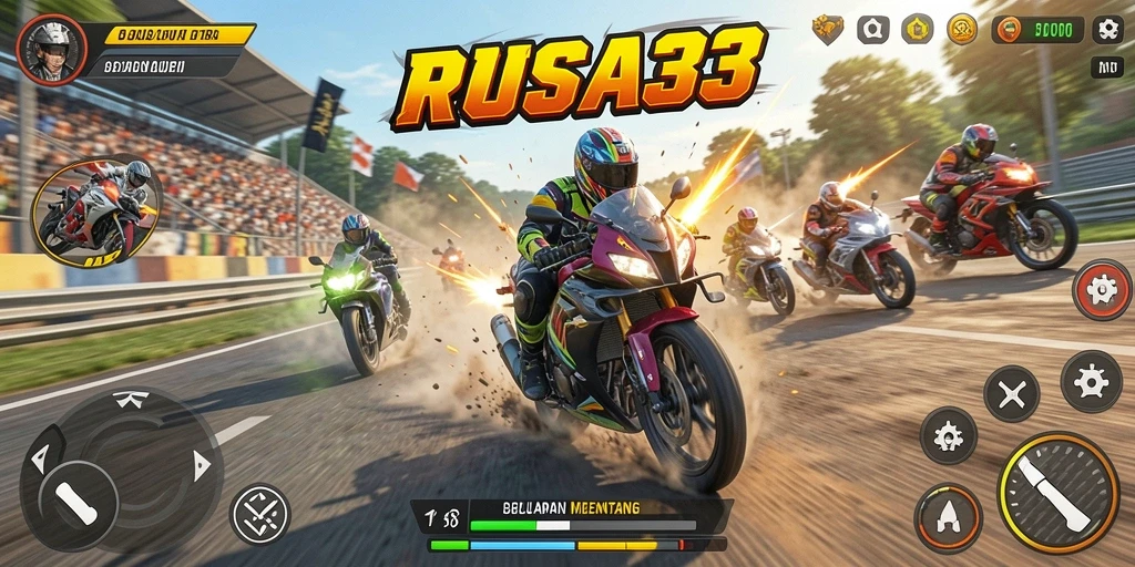 Tampilan gameplay seru dari RUSA33 saat balapan motor di jalur menantang.